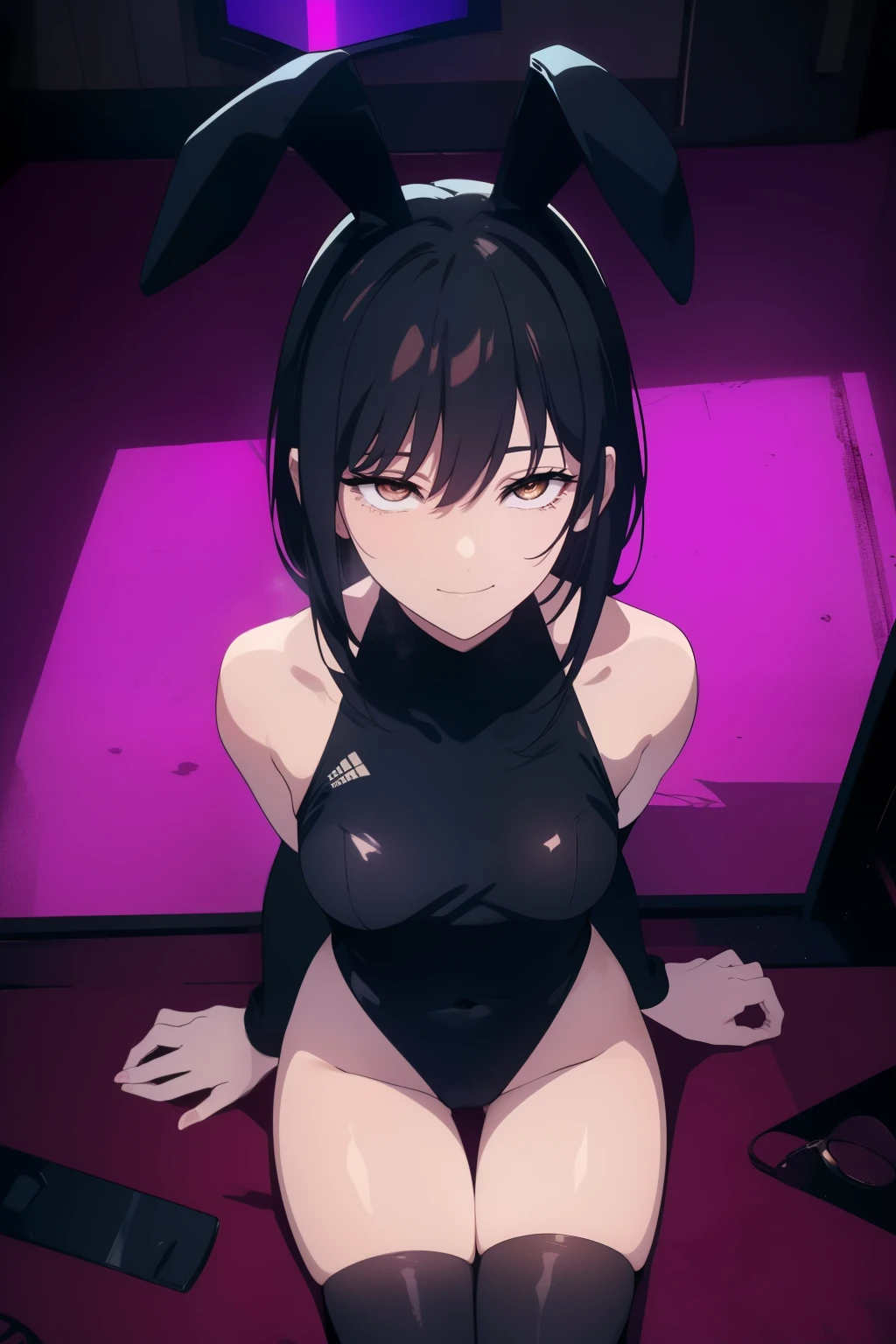 4k、nsfw、playboy bunny、female masturbation、black hair、short hair、、solo、aroused、heart shaped pupils、large breasts、pussy、cameltoe、sweat、steam、girl trembling with sexual climax、black elbow gloves、black kneehighs、spread pussy