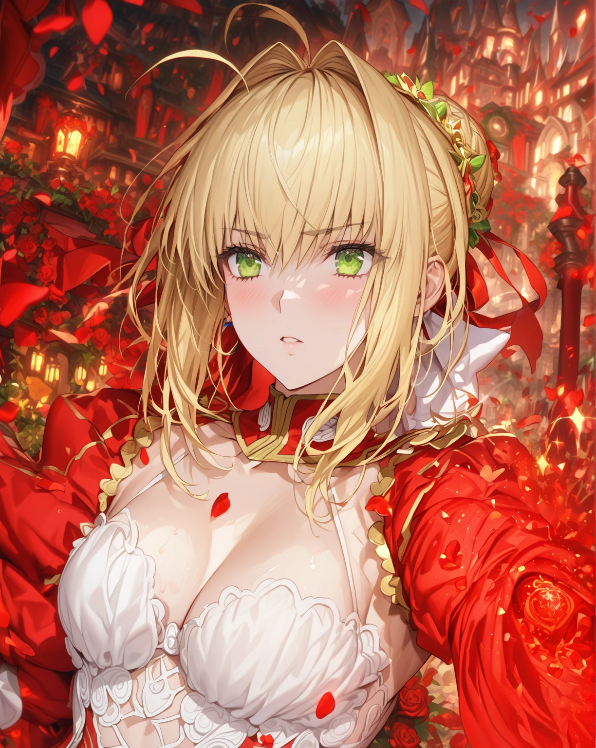 absurdres, highres, ultra detailed, HDR, master piece, Nero Claudius, blonde hair tied in a bun, expressive green eyes, Saber, red dress, sexy woman, best quality, Fate Grand Order, garden, solo, fantasy, magical, sensual, glittering, accessories, red ribbon, red magic, red petals, red roses, sky, city