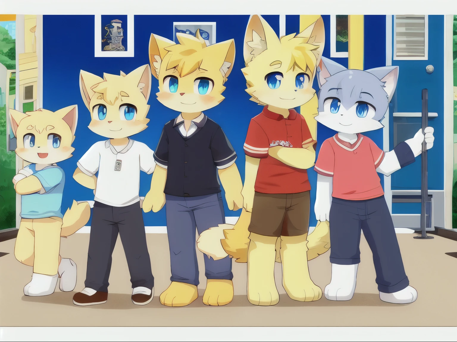 Blue pupils, Light yellow fluffy body, Fluffy cat tail, Boy cat，Point yellow hair，Wear casual clothing，shorter pants，Stand on the bus，The hand that holds the armrest，Exquisite wallpapers，Very cute，The popular style of the P station，One role soght yellow furry legs，Shotai style，There are some cute pictures printed on the clothes
