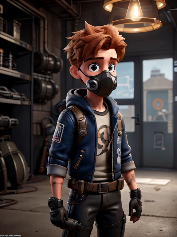 A male doll with light ginger hair wearing a gas mask, holding a motorcycle connecting rod in his right hand and a motorcycle piston in his left hand, focused from the shoulders up, highly detailed, photorealistic, 8k, hyperrealistic, dramatic lighting, cinematic composition, intricate details, sharp focus, hyper detailed skin and textures, dynamic pose, moody atmosphere, gritty, dark, grungy, cyberpunk, industrial