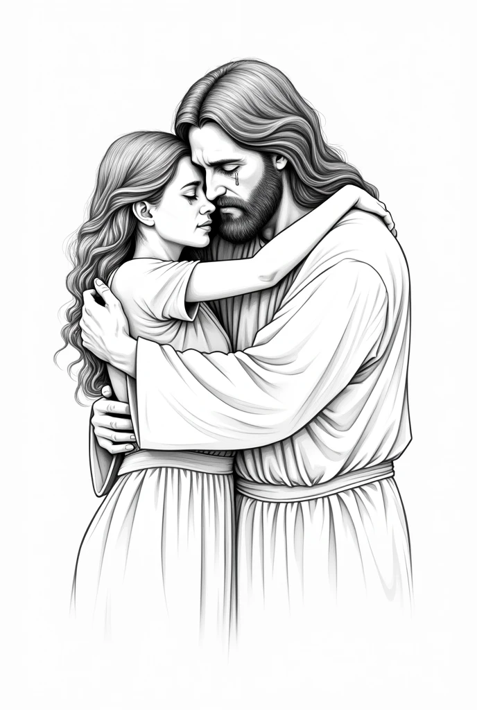 "Create a simple image, similar to a continuous line sketch, in which Jesus is hugging a short woman with long, curly hair. Jesus holds a jasmine flower in his hand as he hugs her, conveying a feeling of care and tenderness. The image should be minimalist, focusing only on the silhouettes and outline of the characters, without excessive realism, as if it were a drawing made with a single pen stroke. The composition should only show the upper part of the bodies., From the waist up."