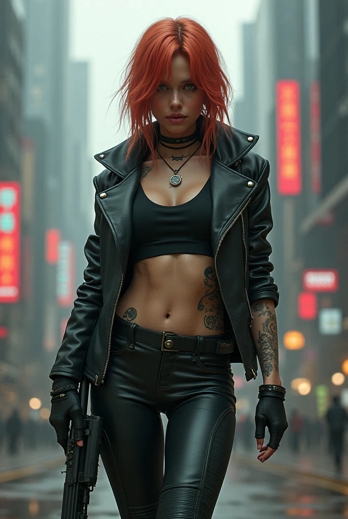 (masterpiece), (extremely intricate:1.3), (realistic), female, 19 years old, ((([small breasts:large breasts:0.8], long curly [blonde hair:bright ginger hair:0.3], solo, 1girl, (smiling black lipstick, (bodybuilder, abdominals, cyberpunk street))))), metal reflections, outdoor, intense sunlight, golden hour, professional photograph of a stunning girl detailed, sharp focus, dramatic, award winning, cinematic lighting, volumetrics dtx, (film grain, blurry background, blurry foreground, bokeh, depth of field, interaction), 8K, ((smirking, (green eyes, dark eye makeup))), (((body tattoo: 1.2))), ((fujicolor, god rays)) BREAK; BREAK ((((black leather jacket, short leather skirt, loose white t-shirt))), hyperrealistic, absurdres))