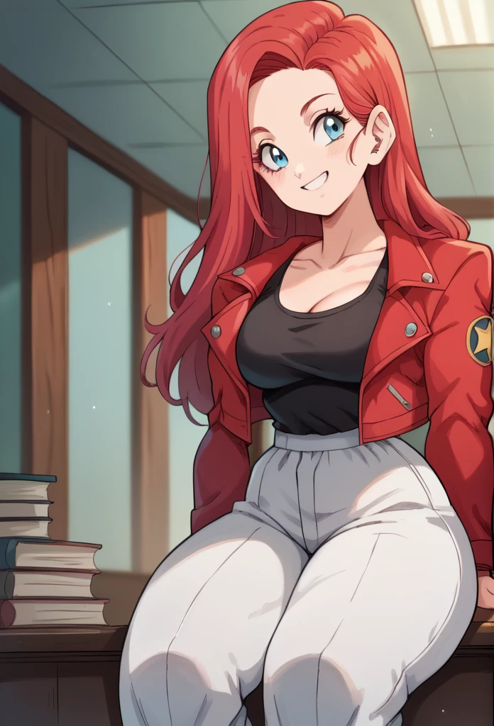 1 , Alone, long hair, red hair,high resolution, masterpiece, Anatomically correct, Necessary, high details, blue eyes,tight blouse , Black tank top,Sitting at a table, with her hand on her face,Red jacket, , white pants,thick thighs ,Smiling,