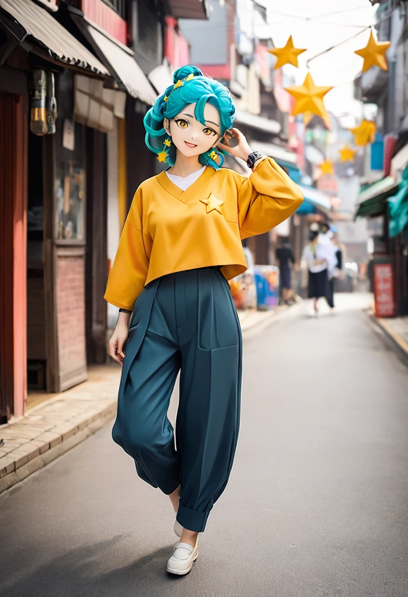 Girl with long turquoise hair, yellow eyes, yellow happy star pin in her hair, wearing fabric real everyday korean street clothes, full body