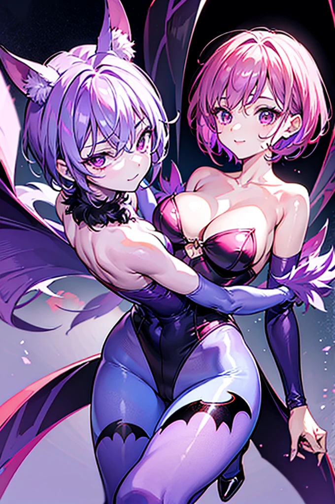 Best Quality　Highest quality　One character　Draw a face carefully　High-definition anime-style face　Super Glowing Skin　Light purple short hair　Dangerous Beast　Black leotard with red stripes　Light purple bat print pantyhose　lure　smile