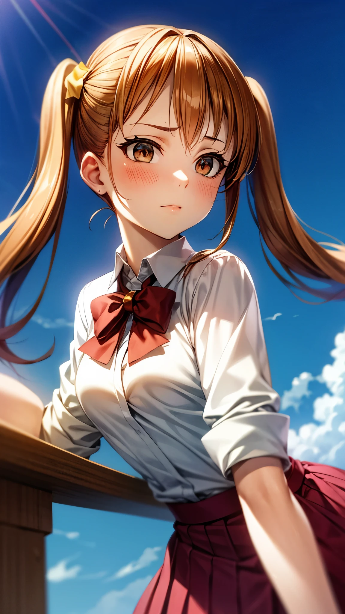 （（super high quality,））（（Ultra-high resolution,））（16k,）（super masterpiece,）（（Ultra HD ,））（Detailed shading,）Upper body photo,Shooting from below,One high school girl,Twin tails,White dress shirt,Red bow tie,Folded sleeves,A pink scrunchie on one arm,One hand on her skirt and one on her head,Red Skirt,Navy blue socks,Embarrassing,blush,Leaning forward greatly,Park in the morning sun,The wind lifts her hair and skirt,