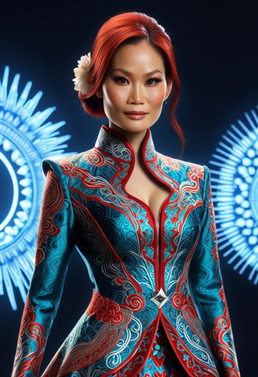 (high quality), (masterpiece), (detailed), 8K, Hyper-realistic digital illustration depicts the (upper body1.3) of a (Lucy Liu:1.3) with (vibrant red hair1.5) and (intense red eyes1.5) wearing a (futuristic kebaya1.2) with (intricate batik patterns1.2) inspired by Indonesian culture. Her (fantasy outfit1.2) is adorned with (glowing accents1.2) and (neon lights1.2), reflecting the modern and futuristic atmosphere. In style of Ash Thorp, trending on DeviantArt.