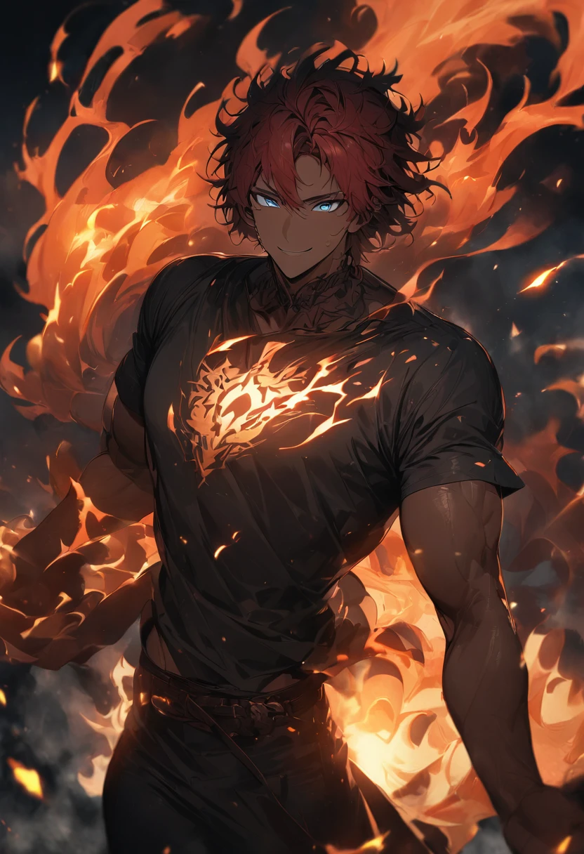 Handsome、handsome、gentle Smile、Fire Spirit King、King、crown、豪華な中世ヨーロッパのKingの服、Fire Magic、Brown Skin、Handsome、Muscular、Gentle expression、Fiery long red hair