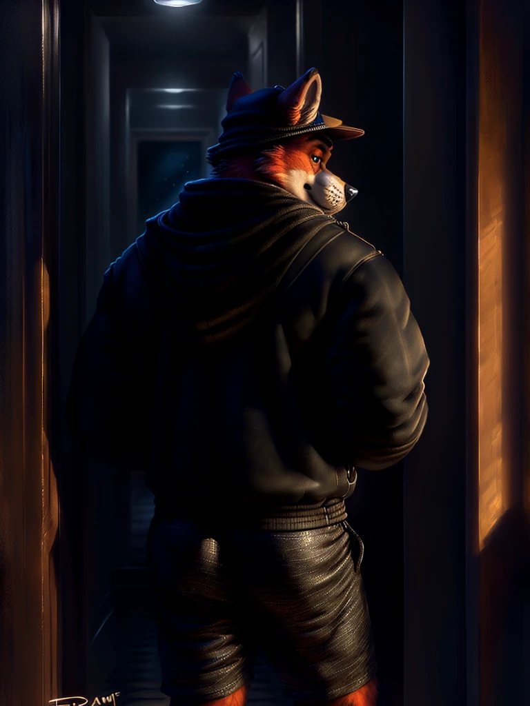 by personalami, by place, by kenket, by taran violinist, male, alone, antro (fox), (fnaf), (sly), Adult, Photorealistic, Hyper realistic, ultra-detailed, natural pose, (muscular, burly), (( run)), ((safety short hoodie:1.2)), (furry), ((butt view)), (detailed background, hallway), ((mature male)), father figure, mature male, hunk , daddy, dilf, ((highly detailed clothing)), ((Highly detailed tail)), ((from behind)), ((highly detailed skin texture)), ((highly detailed hands)), ((highly detailed hands) well drawn)), ((down hoodie)), ((very detailed lighting)), ((natural lighting)), ((black boxers)), ((security guard cap)), ((Night )), ((dark)) A semi-medium large flaccid penis with foreskin visible, testicles,
