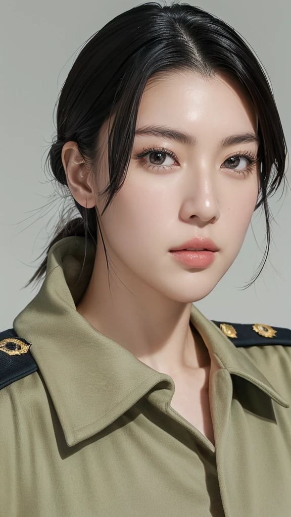 High resolution、masterpiece、Textured skin、high quality、超High resolution、Very detailed、woman、Face close-up、uniform、female soldier、Looking at the camera、Large Breasts、Perfect Style、Long legs、