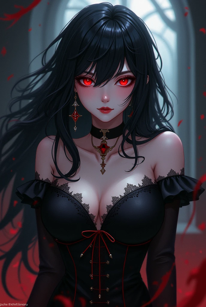 "Sexy gothic fantasy, dark and alluring, elegant vampire with captivating eyes and flowing black hair."