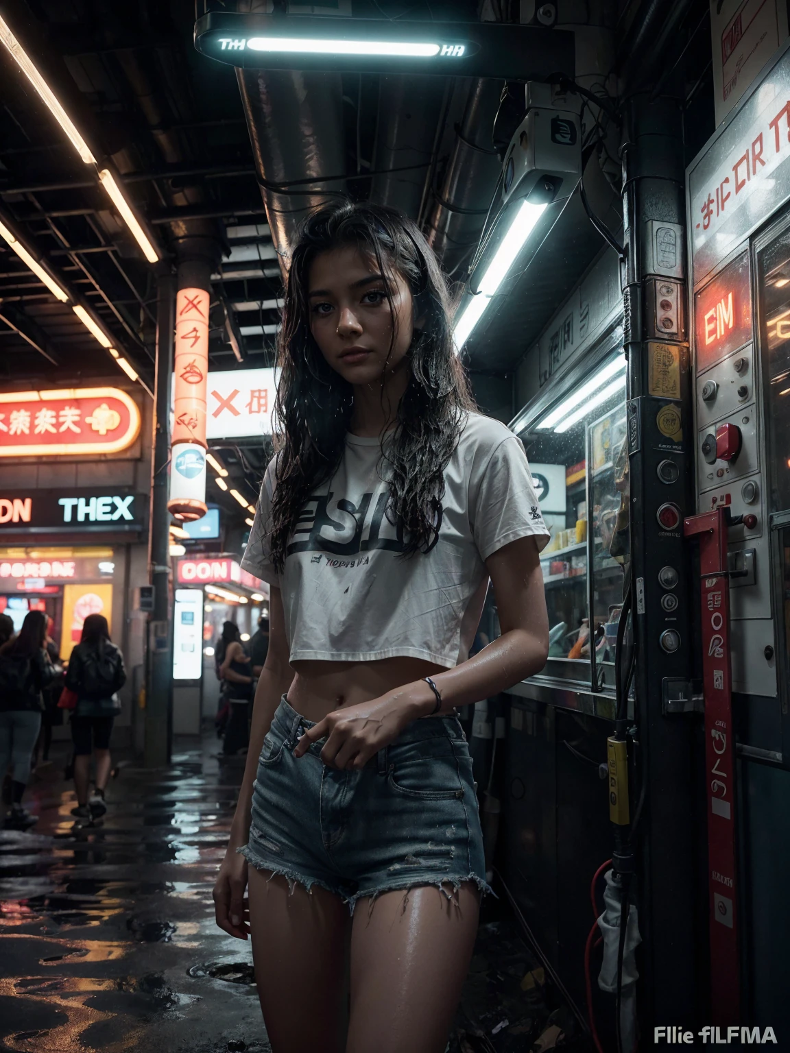 1 ,Alone,Long hair,rough skin,(looking at the viewer:1.2),wet hair,micro_shorts Cetim,  Shorts The Cetim, Dark,Polaroid,(ProfundidaThe_The_fild:1.5),rainy days,outdoor,{{variable name}},cabelo entre os olhosMoody Lighting,tyndall effect,cinematic lighting,night,poste The iluminação,reflexo The lente,available light,luz The aro,Bright neon lights,curve,Chinese_Style