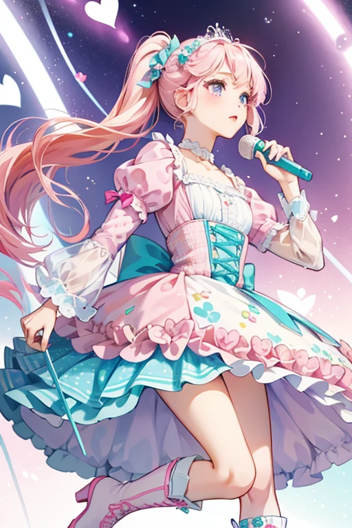 Sandella has mint-colored skin with blue eyes, pinks lips, and brown eyebrows. She wears pink and blue eyeshadow with seafins and blue and pink dots around her eyes. Her pink hair surrounds her seahorse ears and reaches down to her hips.
Sandella wears a light purple bodice with a purple vest over it. The vest has two orange seashells and white scallops on the side. She wears a skirt with a pink elastic band. The skirt has a jagged trim while being longer in the back. There are pink and blue corals against an orange background on the skirt.
Sandella wears orange cowboy boots with a scaley texture for the soles and fins on the sides of the boots. She wars a purple cowboy hat and wears seafin bracelets. SPARKLE; GLITTER