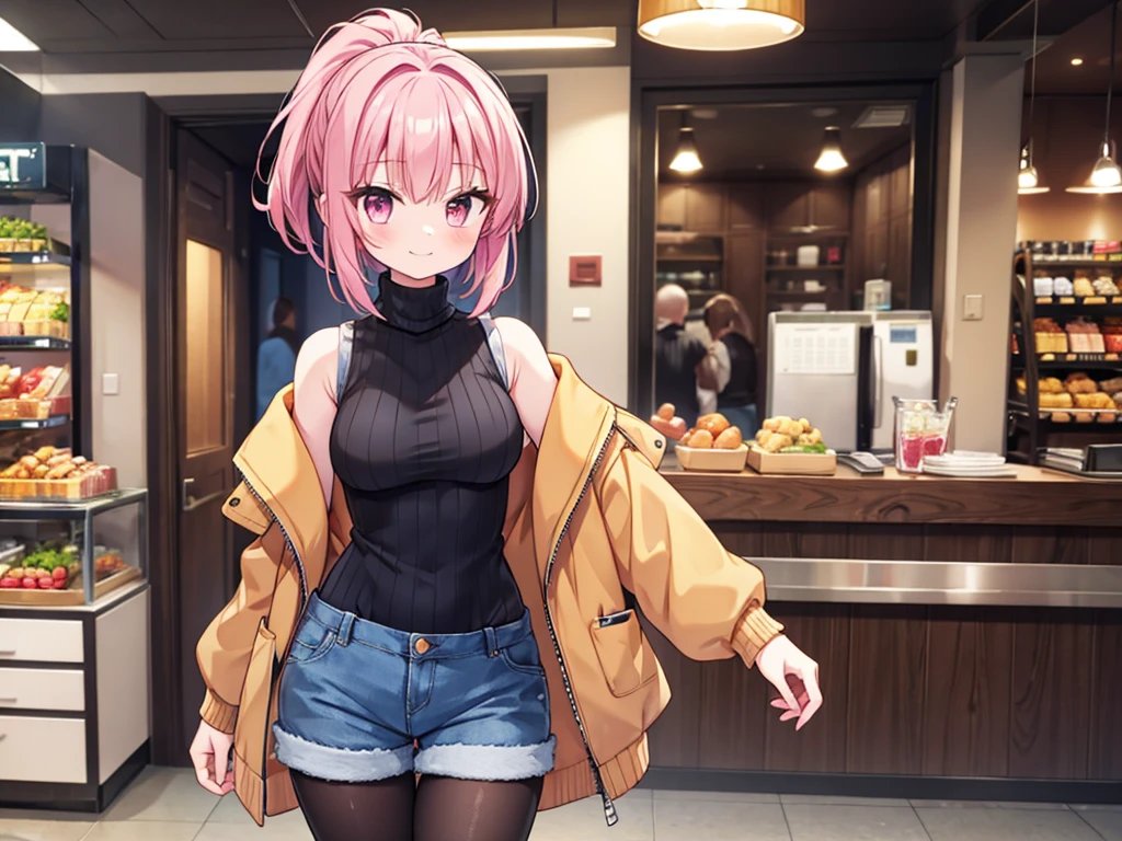 (2heads:1.1), (1boy:1.3), (male female couple), red eyes, short pink hair, short blonde hair, cute, (masculine:1.5), (masterpiece), (high quality), (best resolution), :D, cute face, black nails, looking at viewer, anime convention, beautiful background, hand on hip, (pink hoodie), skirt, (wide hips:1.3), (thick thighs:1.3), (masculine chest:1.1), (flatchested)
