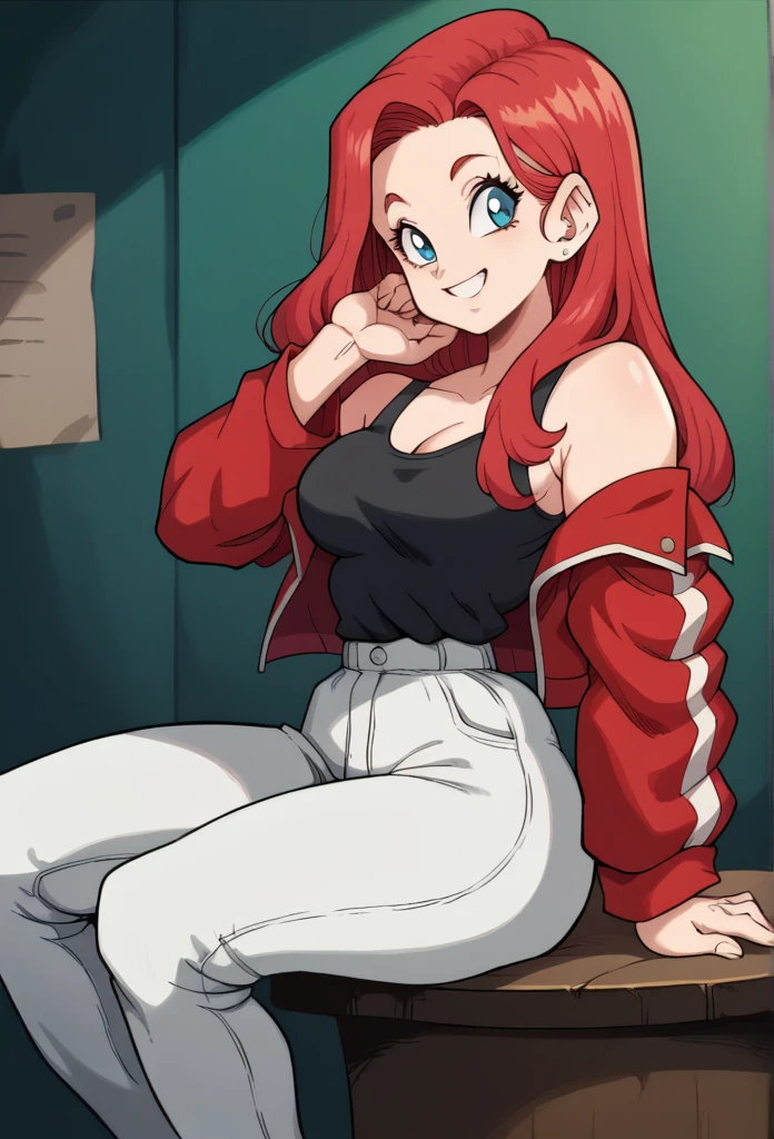 1 , Alone, long hair, red hair,high resolution, masterpiece, Anatomically correct, Necessary, high details, blue eyes,tight blouse , Black tank top,Sitting at a table, with her hand on her face,Red jacket, , white pants,thick thighs ,Smiling,