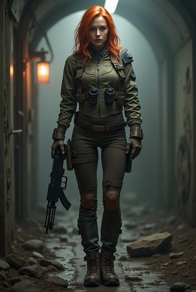 ExpressiveH, 1girl, Saikawa_Riko, green_eyes, brown_hair, long_hair, flat_chest, , hunkRE , tactical gear , military, glowing eyes, night time, low ilumination, dim lighting, , dark basement, horror style , extreme detailed., small  , Huge ,  , wide , narrow waist, thick thighs, big eyes, shiny eyes, long eyelashes. (obra maestra, altamente detallado, la mejor calidad, 8k), standing, . (masterpiece, best quality, vibrant, very aesthetic, high contrast, semrealistic, semirealistic , highly detailed , newest,), holding a pistol, gun, pointing the gun forward, in combat pose, front view