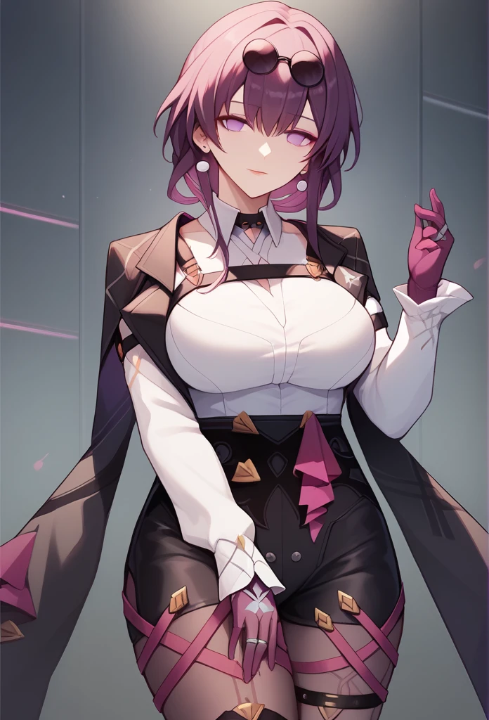 One girl,kafka, purple eyes, purple hair, bangs, sidelocks, eyewear on head, earrings, white shirt, collared shirt, long sleeves, black jacket, jacket on shoulders, harness, large breasts, purple gloves, black shorts, high-waist shorts, purple thigh straps, pantyhose, single thigh boot,no pupils, black choker, rings, bare shoulders, pearl earrings, Armband,masterpiece, Anatomically correct, 