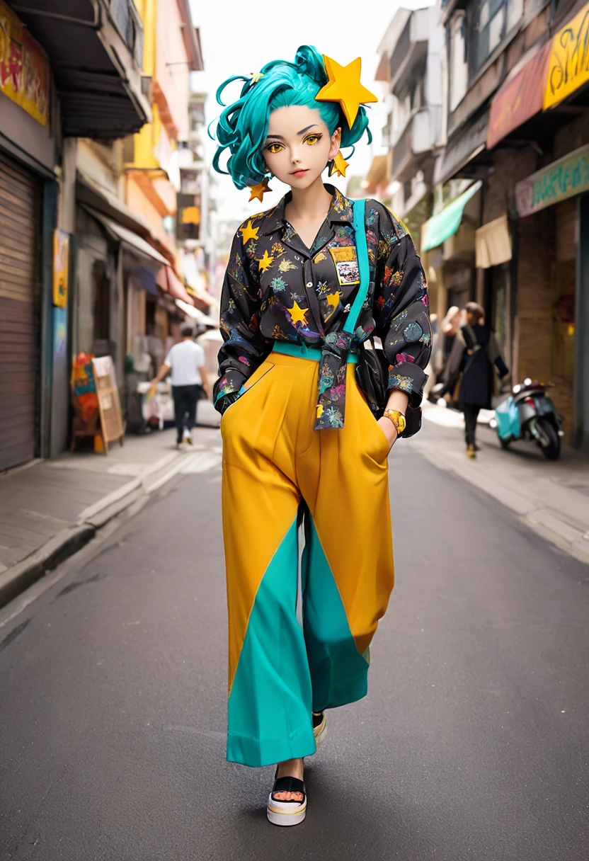 Girl with long turquoise hair, yellow eyes, yellow happy star pin in her hair, wearing fabric real street clothes, full body