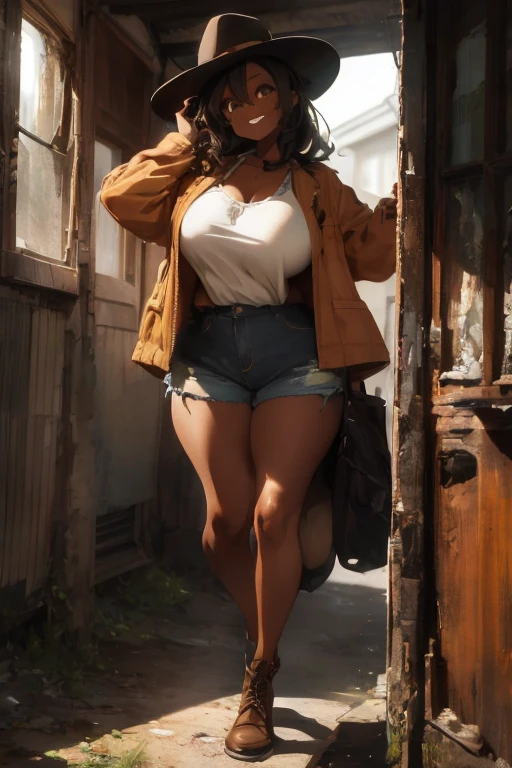 1 female, tan skin, brown skin, huge breast, black 50s long hair, 50s shirt, 50s jean, 50s hat, 50s jacket, thick legs, vintage creepy place, smile