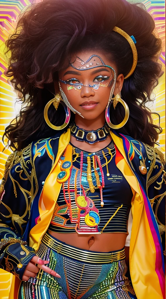 Black girl. gold curly hair, smiling beautiful girl, (topless: 1.2), full body view from a distance, big chest, against a bright background, interesting pose, bright modern clothes, creative haircut, multicolor with gold and silver, ultra detail, neon light, ultra dynamic light, high quality, by Butcher Billy, Caia Koopman, Coby Whitmore