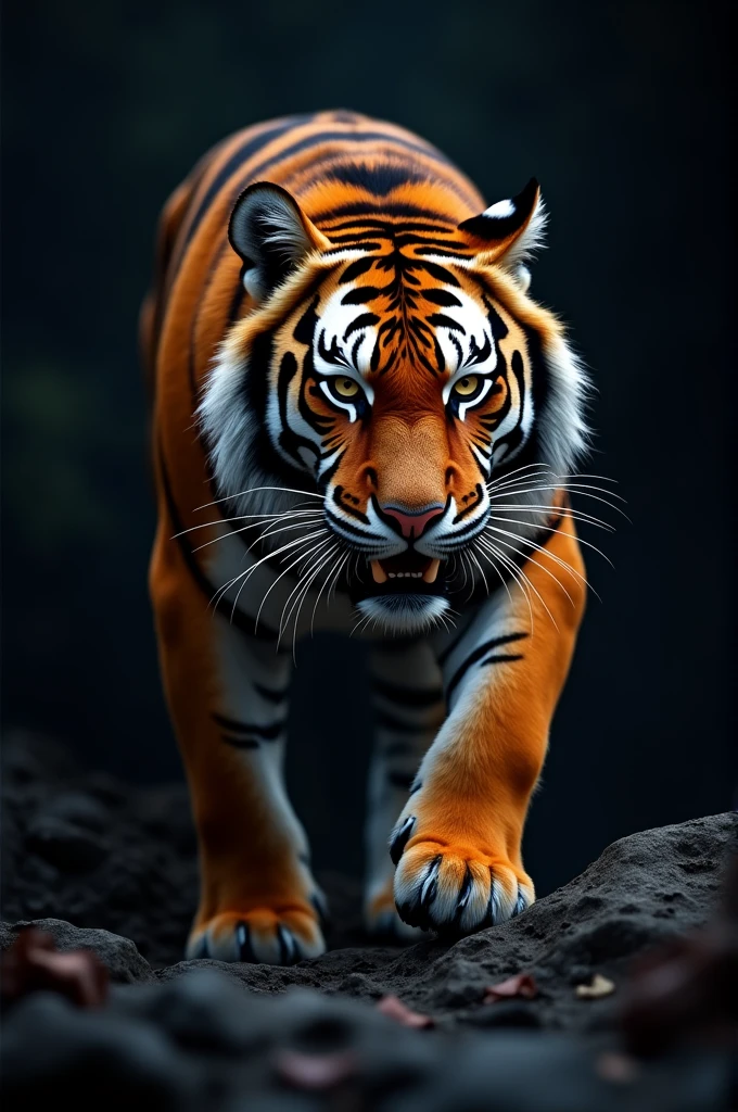 Scary tiger with red eyes and blood spot on road
