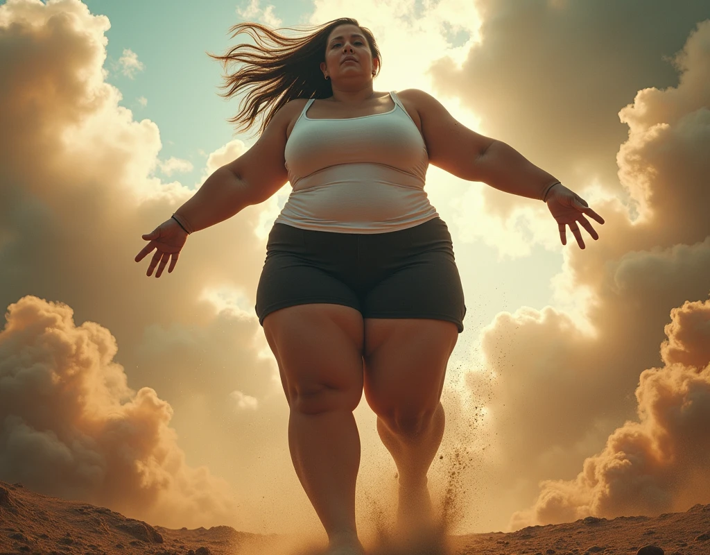 In a desert with a sandstorm, a curvy sexy sweaty woman running away, scared face, cry, speedlines