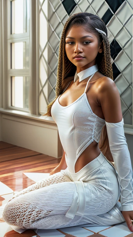 (Realistic, Photorealistic), (8k, RAW Photos, Best Quality, Masterpiece), mature Zendaya, tanned skin, pacific islander, on all fours, Ultra Detailed, Kodak Vision Color, Bokeh, Sharp Focus, long-sleeve, (white lycra suit:1.2), skin tight, (argyle:1.4), (large breasts), (cleavage), (bowtie), braided, beautiful detailed eyes, red cheeks, office, large windows, sunset, sexy pose, seductive pose