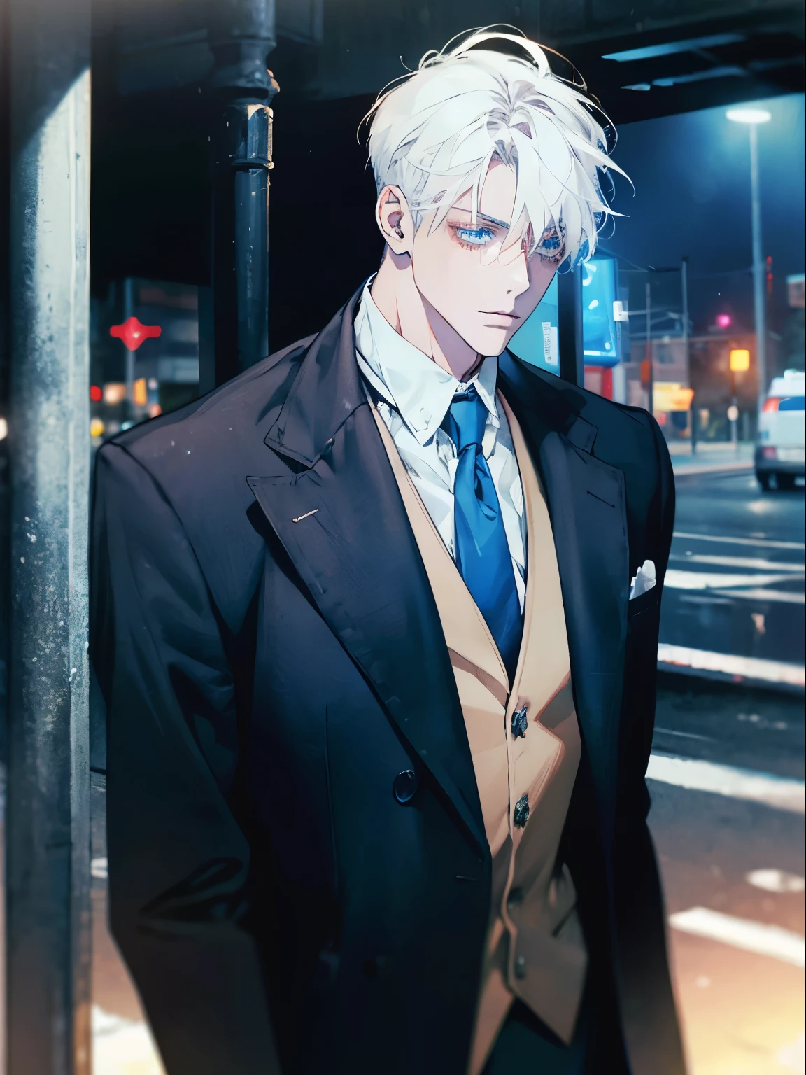 Night time , at a bus stop , spooky lighting ,  lit only by street light , spooky glow , moody scene , reflections, wearing Fall clothing , (masterpiece, best quality )detailed, 1Character , blue archive art style ,  pastel washed out colors , cell shade , soft, muted shades ,gentle colors , Handsome man , White hair , very Short hair, ((crew cut hair style:1 )) , Blue eyes , light skin , ((muscular:1)),masculine ,age 28,