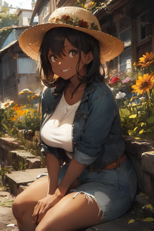 1 female, tan skin, brown skin, huge breast, black 50s long hair, 50s shirt, 50s jean, 50s hat, 50s jacket, thick legs, vintage creepy place, smile, sitting down, flowers