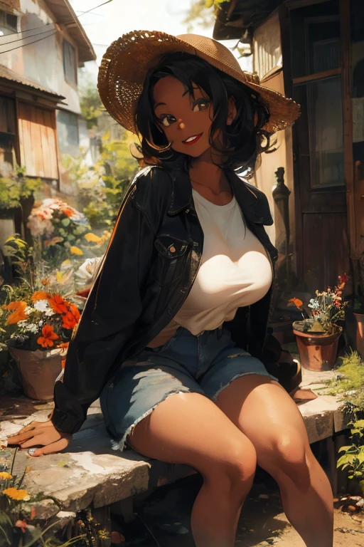 1 female, tan skin, brown skin, huge breast, black 50s long hair, 50s shirt, 50s jean, 50s hat, 50s jacket, thick legs, vintage creepy place, smile, sitting down, flowers, red lip, sexy lip