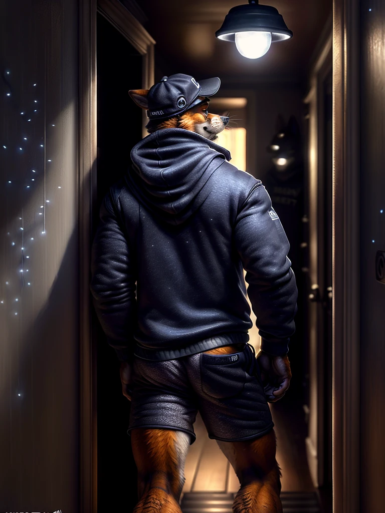 by personalami, by place, by kenket, by taran violinist, male, alone, antro (fox), (fnaf), (sly), Adult, Photorealistic, Hyper realistic, ultra-detailed, natural pose, (muscular, burly), (( run)), ((safety short hoodie:1.2)), (furry), ((butt view)), (detailed background, hallway), ((mature male)), father figure, mature male, hunk , daddy, dilf, ((highly detailed clothing)), ((Highly detailed tail)), ((from behind)), ((highly detailed skin texture)), ((highly detailed hands)), ((highly detailed hands) well drawn)), ((down hoodie)), ((very detailed lighting)), ((natural lighting)), ((black boxers)), ((security guard cap)), ((Night )), ((dark)), A semi-medium long flaccid penis with foreskin visible, testicles, backview, (penis:1),
