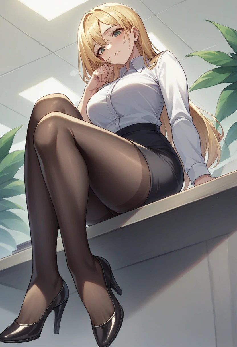 (Highest quality, High resolution, Very detailed, 16K)President's Office at Night、Female secretary、White shirt、A tight black skirt with slits、Black thigh-high socks、High heels、Cleavage、Low - Angle、Sit on a chair and cross your legs、sexy