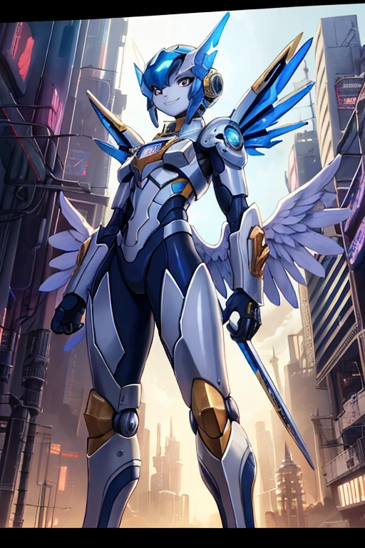 work of art,(best quality),Highly detailed,ultra-detailed,1 ,(mechanicalwings:GOLDEN,bright eyes:cerulean,GOLDENrarmor:1.2,elongated ears:0.8),(Cyberpunk city:1.5,arm:energy blade),(Fantasy Landscape:1.2,natural lighting:1.5,confident expression),(Panorama:1.2),mecha, smile,angle,angels, wings,chrome,CRU