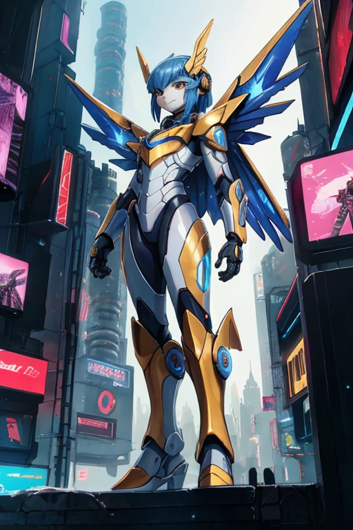 work of art,(best quality),Highly detailed,ultra-detailed,1 ,(mechanicalwings:GOLDEN,bright eyes:cerulean,GOLDENrarmor:1.2,elongated ears:0.8),(Cyberpunk city:1.5,arm:energy blade),(Fantasy Landscape:1.2,natural lighting:1.5,confident expression),(Panorama:1.2),mecha, smile,angle,angels, wings,chrome,CRU