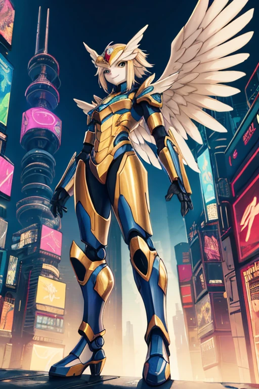 work of art,(best quality),Highly detailed,ultra-detailed,1 ,(mechanicalwings:GOLDEN,bright eyes:cerulean,GOLDENrarmor:1.2,elongated ears:0.8),(Cyberpunk city:1.5,arm:energy blade),(Fantasy Landscape:1.2,natural lighting:1.5,confident expression),(Panorama:1.2),mecha, smile,angle,angels, wings,chrome,CRU