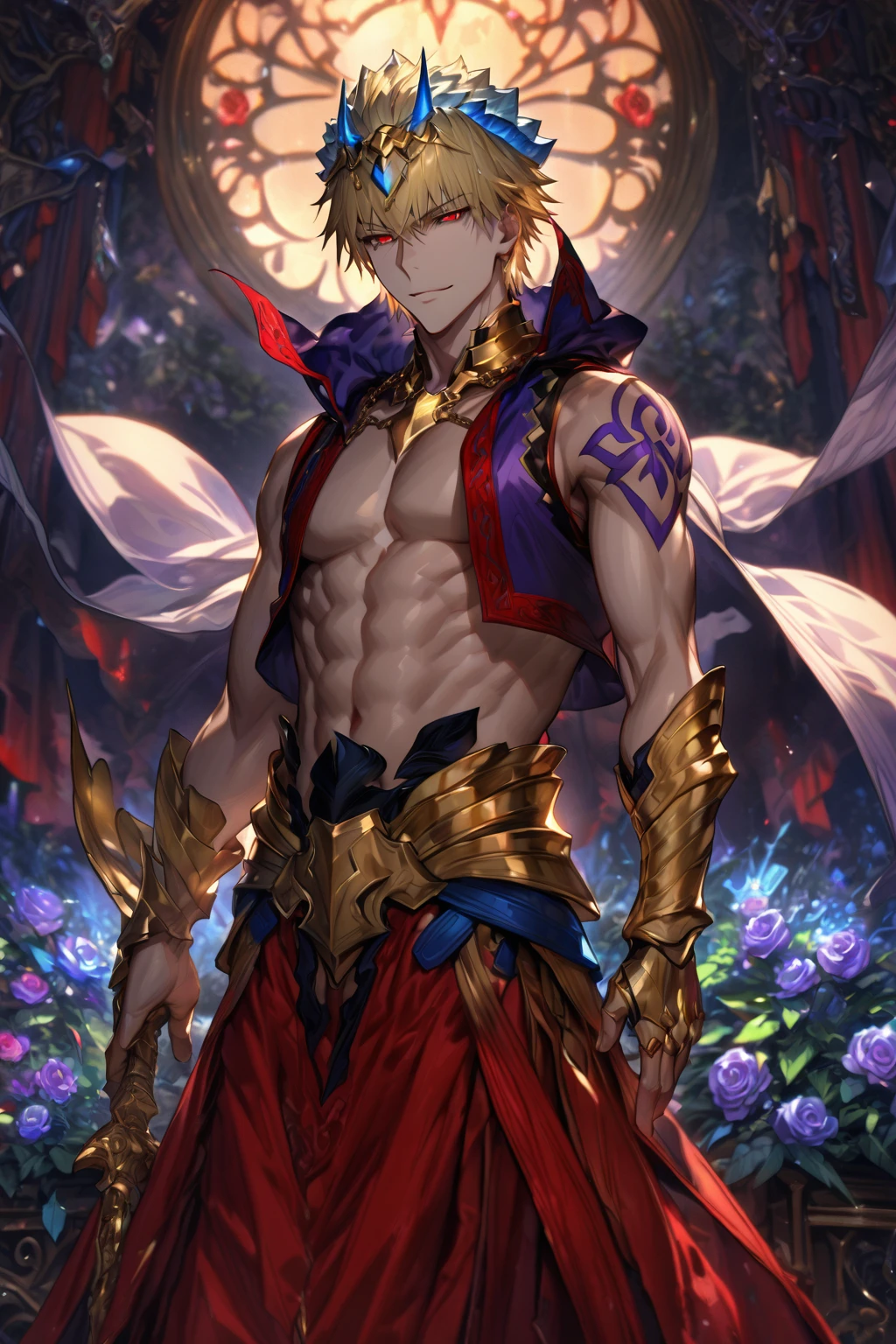 absurdres, highres, ultra detailed, HDR, master piece, best quality, extremely detailed, detailed eyes, detailed face, Gilgamesh, blonde hair, short hair, expressive red eyes, Fate Grand Order, solo, sexy man, handsome, sensual, adult face, handsome smile, toned chest, cropped dark blue vest sleeveless, golden necklace, sitting, one single golden gauntlet, blue horned turban, purple shoulder tattoo, window, red curtains, red roses, fantasy, magical  