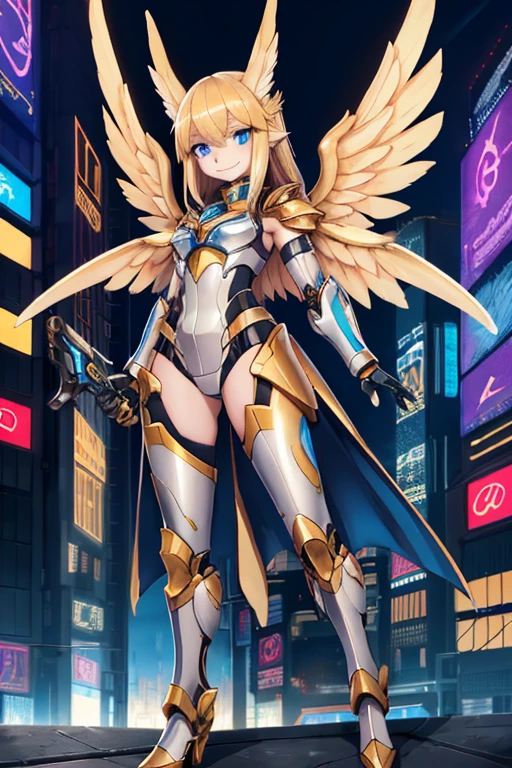 A highly detailed and ultra-detailed 1 girl in a cyberpunk city, with golden mechanical wings, bright blue eyes, golden armor, and elongated ears, holding an energy blade, set in a fantasy landscape with natural lighting, a confident expression, and a panoramic view, with mecha, a smile, angels, wings, chrome, and RAW details.