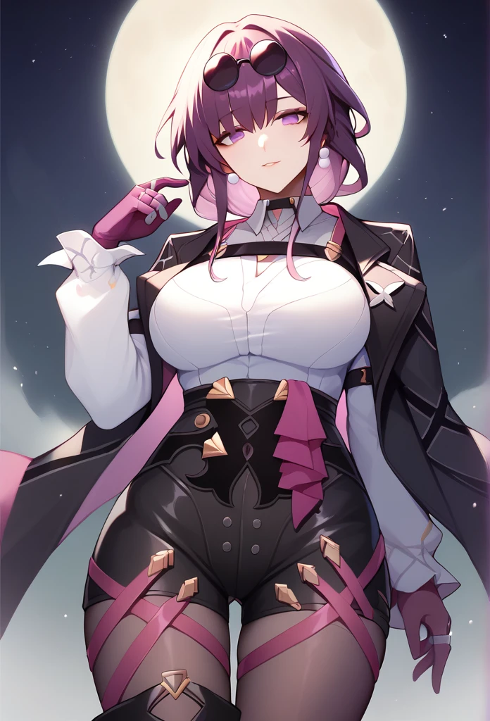 One Girl,Kafka, Purple eyes, Purple Hair, bangs, Side Lock, Put glasses on your head, earring, White shirt, Collared shirt, Long sleeve, Black jacket, Jacket on shoulders, Harness, Large Breasts, Purple Gloves, Black shorts, High Waist Shorts, Purple thigh straps, pantyhose, Single thigh high boots,No students, Black choker, ring, Exposing shoulders, pearl earring, Armband,masterpiece, Anatomically correct, 8k,The background is the moon,Cowboy Shot, 