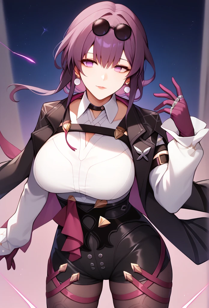 One Girl,Kafka, Purple eyes, Purple Hair, bangs, Side Lock, Put glasses on your head, earring, White shirt, Collared shirt, Long sleeve, Black jacket, Jacket on shoulders, Harness, Large Breasts, Purple Gloves, Black shorts, High Waist Shorts, Purple thigh straps, pantyhose, Single thigh high boots,No students, Black choker, ring, Exposing shoulders, pearl earring, Armband,masterpiece, Anatomically correct, 8k,The background is the moon,Cowboy Shot, 