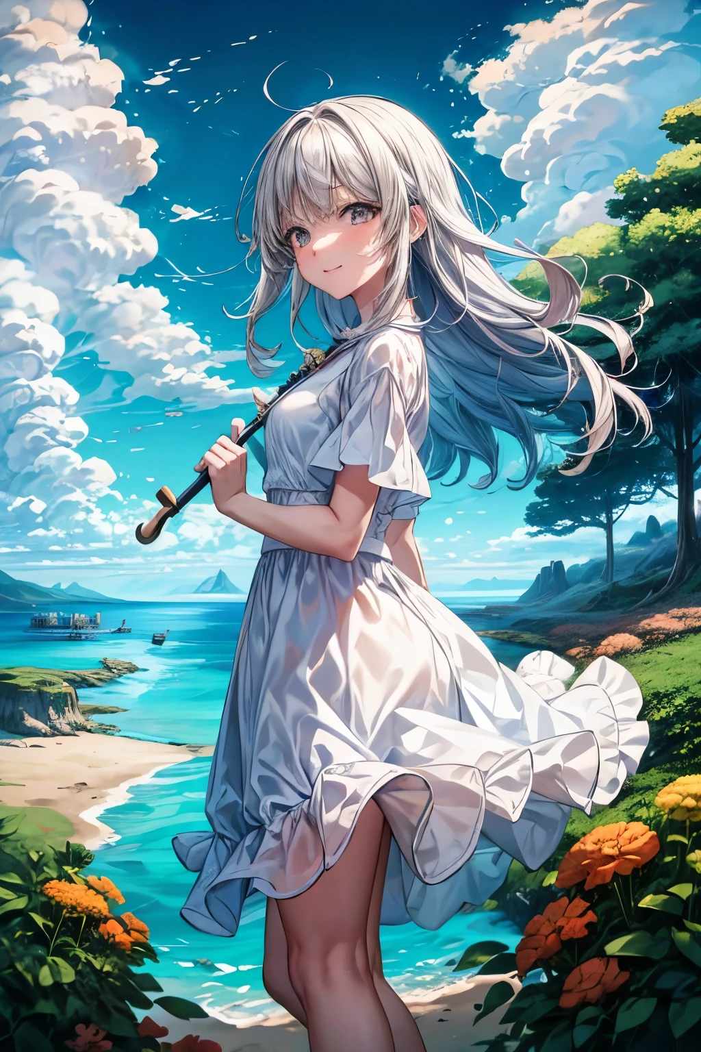 masterpiece, highres, beautiful landscape, high detailed, 1 girl, mid-ground character, beach, fj, studio light, depth of field. The girl stands on the beach with her colorful umbrella, looks at viewer with a smile. She ưears a white beautiful dress, her hair blows in the wind. The landscape is peaceful and serene. Mildly clouds, floating clouds, light clouds, billowing clouds. The sunlight glistens on the surface of the sea. The waves of the sea gently lap against the shore, creating a serene and soothing sound.