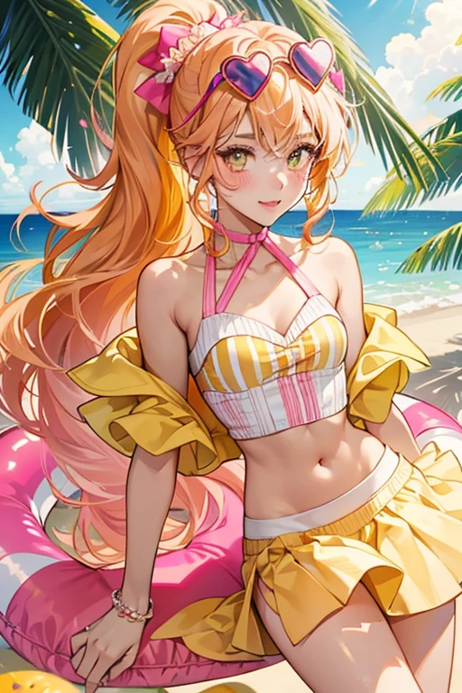 masterpiece, best quality, absurdres, perfect anatomy, 1girl, solo, cureHoney, blonde hair, ponytail, water, smile, :d, frilled bikini, cute, cute bikini, yellow bikini, standing, arms behind back, <lora:CHAR-CureHoney:1>
