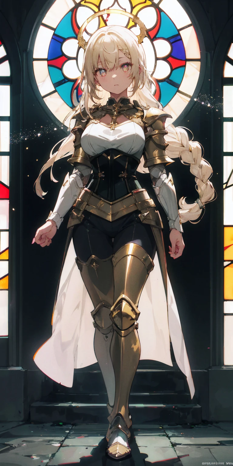 full body of paladin lady in ornate golden armor, black collar, pauldrons, breastplate, corset, glowing halo, single braid, blonde, yellow glowing eyes, bright pupils, eye focus, red cape, temple indoors, stained glass windows, night, moonlight, particles, light beam, chromatic aberration