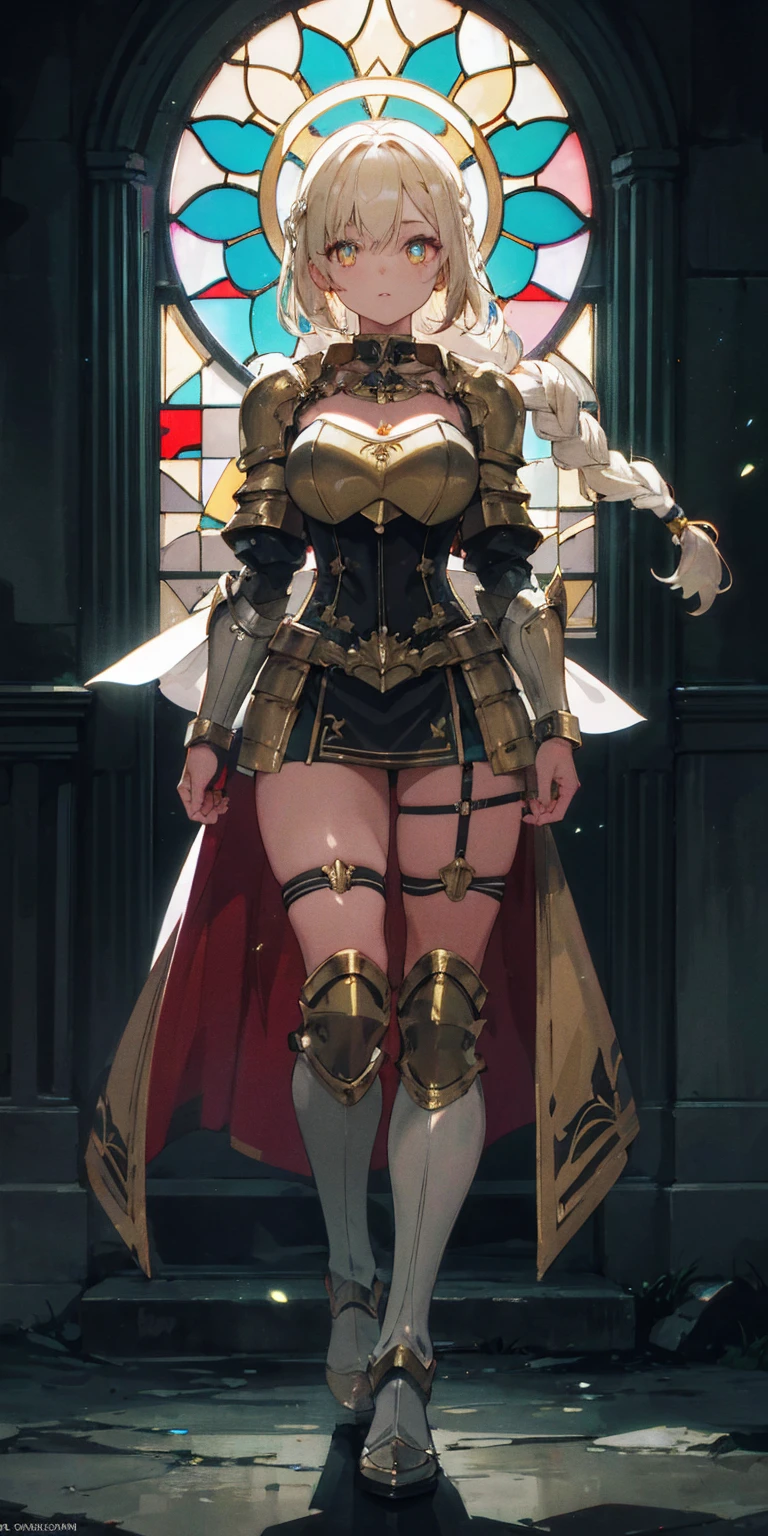 full body of paladin lady in ornate golden armor, black collar, pauldrons, breastplate, corset, glowing halo, single braid, blonde, yellow glowing eyes, bright pupils, eye focus, red cape, temple indoors, stained glass windows, night, moonlight, particles, light beam, chromatic aberration