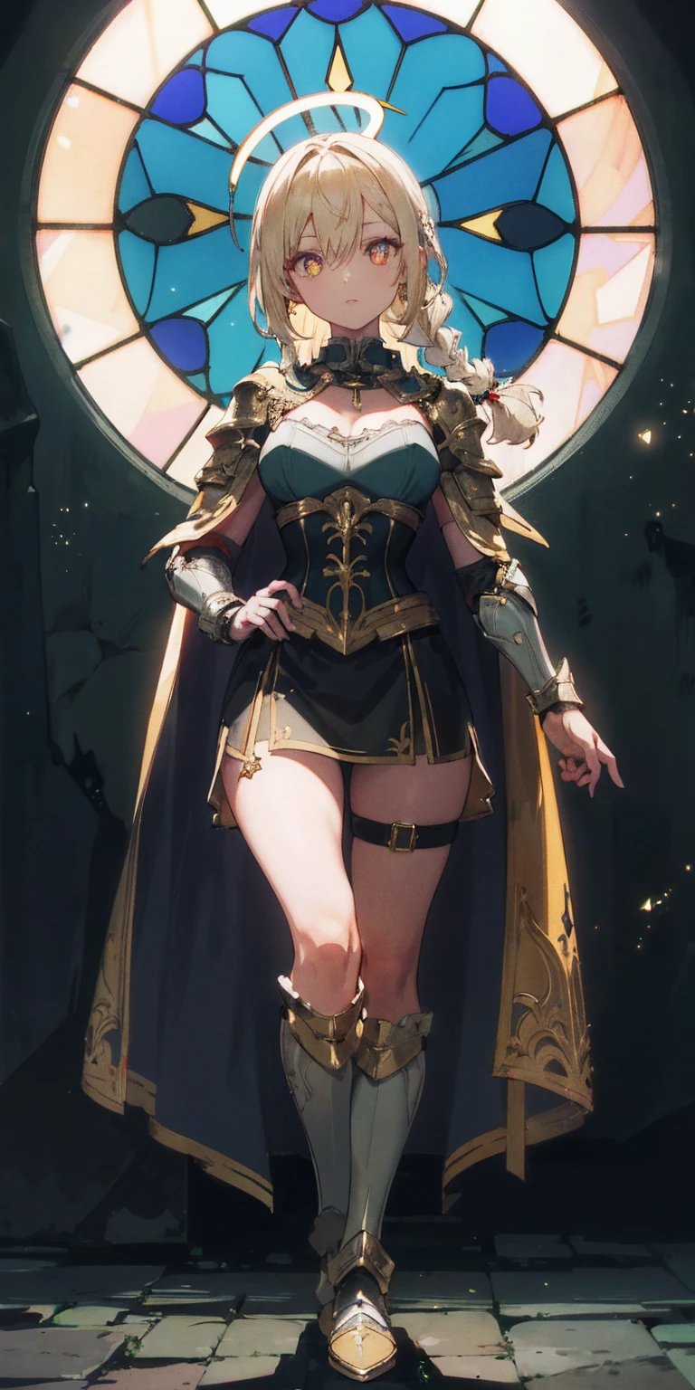 full body of paladin lady in ornate golden armor, black collar, pauldrons, breastplate, corset, glowing halo, single braid, blonde, yellow glowing eyes, bright pupils, eye focus, red cape, temple indoors, stained glass windows, night, moonlight, particles, light beam, chromatic aberration