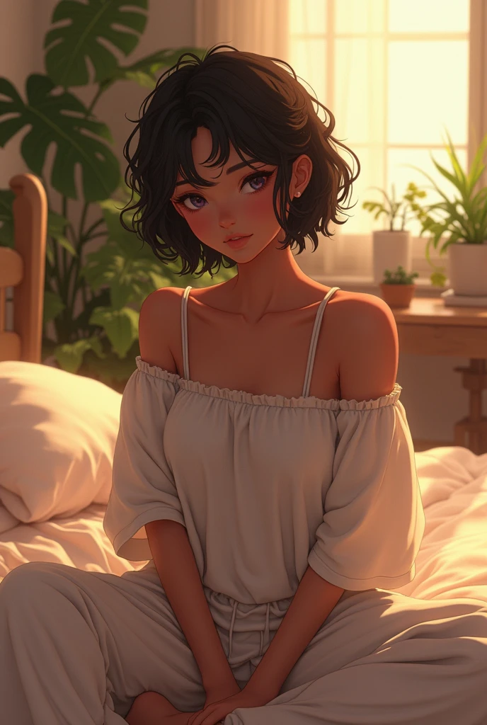 (photorealism:1.2), beautiful woman, sitting on bed, wearing loose off-shoulder top, pajama pants, long curly hair, indoors, soft lighting, plants in background, window with sunlight, cozy room, relaxed pose, realistic, intricate details, warm colors, by Greg Rutkowski, by Alphonse Mucha
make her and anime character with green eyes, white hair on the right and black hair on the left, medium sized breast, and short hair
make her hair short