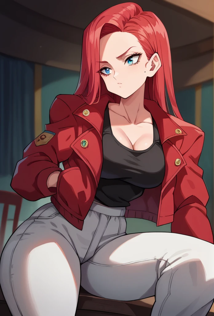 1 , Alone, long hair, red hair,high resolution, masterpiece, Anatomically correct, Necessary, high details, blue eyes,tight blouse , Black tank top,Closed jacket,Sitting at a table, with her hand on her face,Red jacket, , white pants,thick thighs ,Black mole on face (right side)