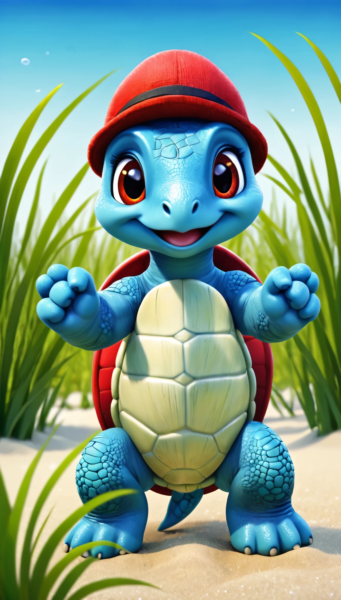 cute blue turtle, cartoon , arms, hands ,cute eyes, looking at viewer, arms up, sea, sea grass, cute, red hat, effect