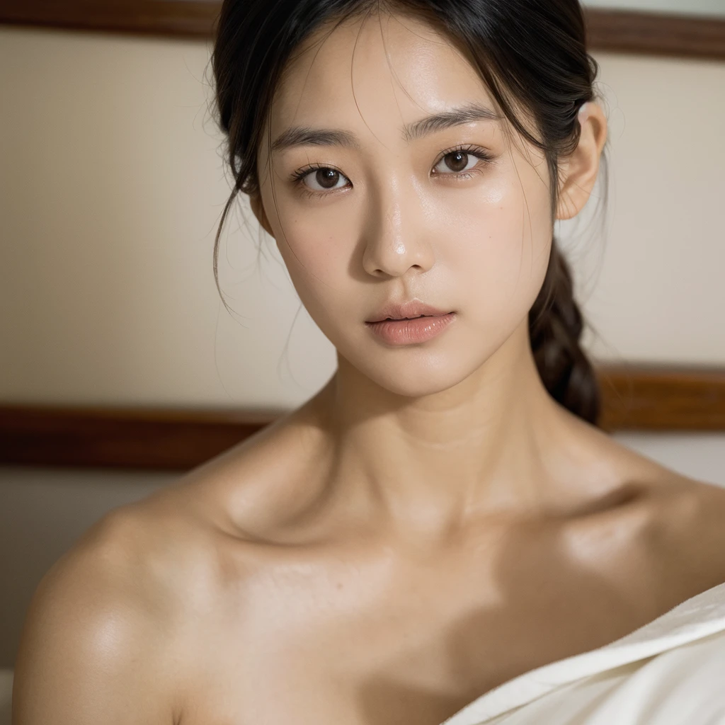 A hyper-realistic image of a single Japanese woman in her early 20s, captured with the nostalgic warmth and subtle graininess of a film camera. Her skin has a warm beige tone with a natural, slightly rough texture that includes visible pores, fine lines, and subtle imperfections such as small blemishes, adding to the authenticity of her appearance. The soft, diffused natural light enhances the film-like quality, casting gentle shadows that create a timeless, organic feel. Her straight, glossy black hair frames her face in a natural, slightly tousled manner, and her deep brown eyes reflect the ambient light, adding depth and emotion. The film camera effect introduces a slight grain and a softer focus, giving the image a warm, nostalgic atmosphere while maintaining the realistic texture of her skin. She is dressed simply, in a way that complements her natural beauty, with the overall composition designed to evoke a sense of genuine, understated elegance. The use of natural light, combined with the deliberately rougher texture of her skin and the film-like qualities, ensures that this image captures the imperfections that make her beauty truly lifelike, focusing solely on this one individual.