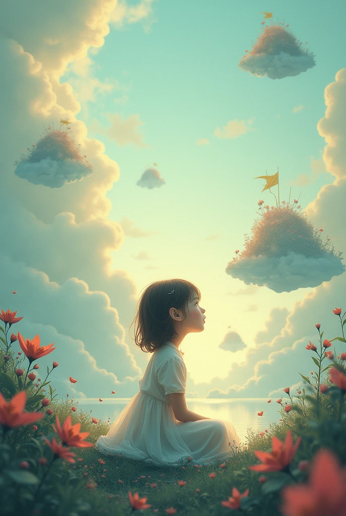 On a swing in the clouds，There is one girl，Girl sitting on fantastic surrealism cloud，inspired by Frieke Janssens，Stunning clouds surrounded her。Fantastic scenes，Girl sitting in a fluffy cloud，Float in surrealist digital art。She lay in the White Cloud Wonderland，Immerse yourself in a surreal art world，The surreal 3D rendering makes the whole picture fantastic and captivating。It is a popular surrealist work of art，Full of surreal dreamy poetry and whimsical imagination。