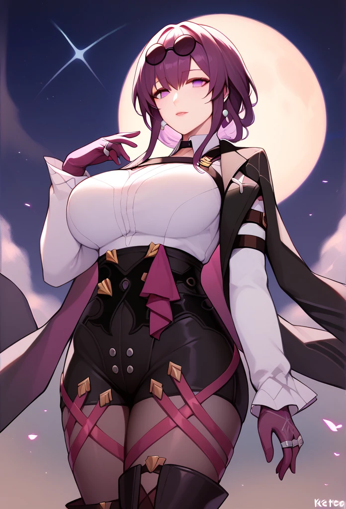 One Girl,Kafka, Purple eyes, Purple Hair, bangs, Side Lock, Please put the glasses on your head, earring, White shirt, Collared shirt, Long sleeve, Black jacket, Jacket on shoulders, Harness, Large Breasts, Purple Gloves, Black shorts, High Waist Shorts, Purple thigh straps, pantyhose, Single thigh high boots,There are no students, Black choker, ring, Expose your shoulders, pearl earring, Armband,masterpiece, Anatomically correct, 8k,(background,moon,detailed),Cowboy Shot, 